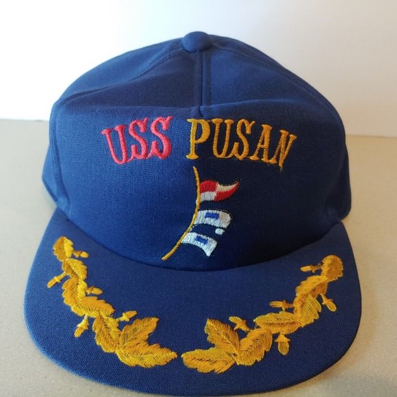 uss pusan Accessories Vintage Uss Pusan Hat War Us Military Souvenir Cap Navy Air Force Gold